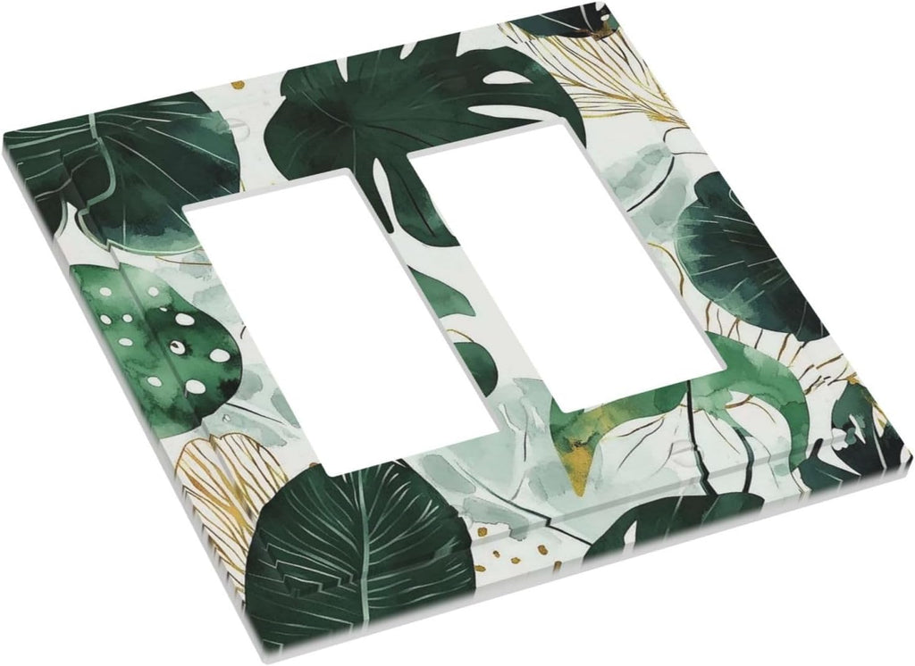 Boho Tropical Green Leaf Watercolor Banana Leaves Decorative Outlet Covers 2 Gang Double Gfci Rocker Electrical Wall Panels Light Switch Cover Plate For Bed Room Living Room Decor