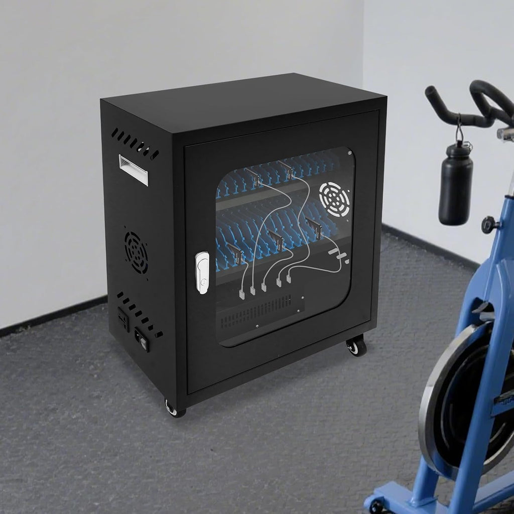 40-Port Mobile Phone Charging Station Cart - Heavy Duty Charging Cabinet for Schools & Offices, 400W Rechargeable Cellphone Locker Storage Lockable Tempered Glass Door & Wheels (Black)
