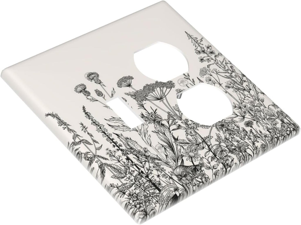 Decorative Outlet Covers Beige Skech Plant Leaves Flowers 2 Gang Wall Plate Cover Single Toggle Duplex Combo Two Switch Light Switch Cover Plate Jumbo Dual GFCI Faceplate