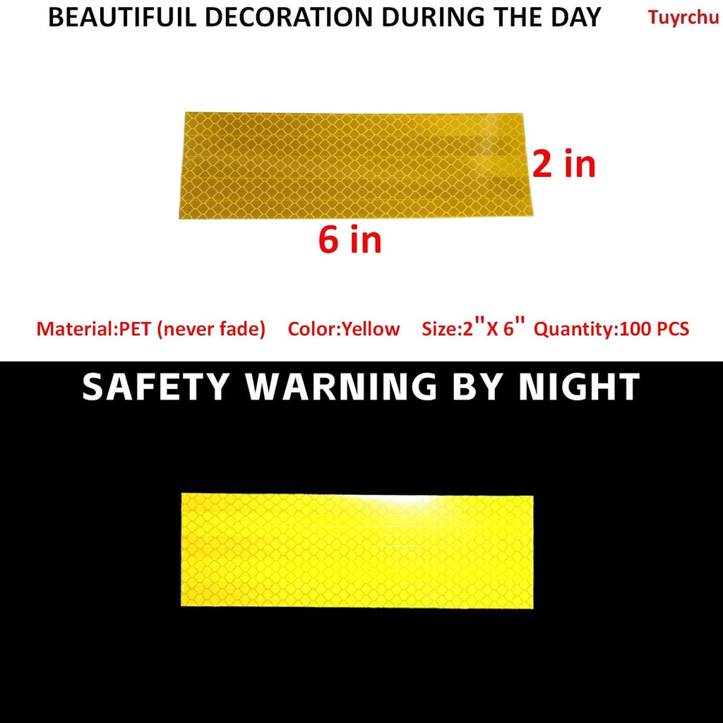 Non Fading Yellow Reflective Stickers 2 inch X 6 inch, Outdoor Waterproof High Visibility Warning Safety Adhesive Reflector Tape (100 Pcs)