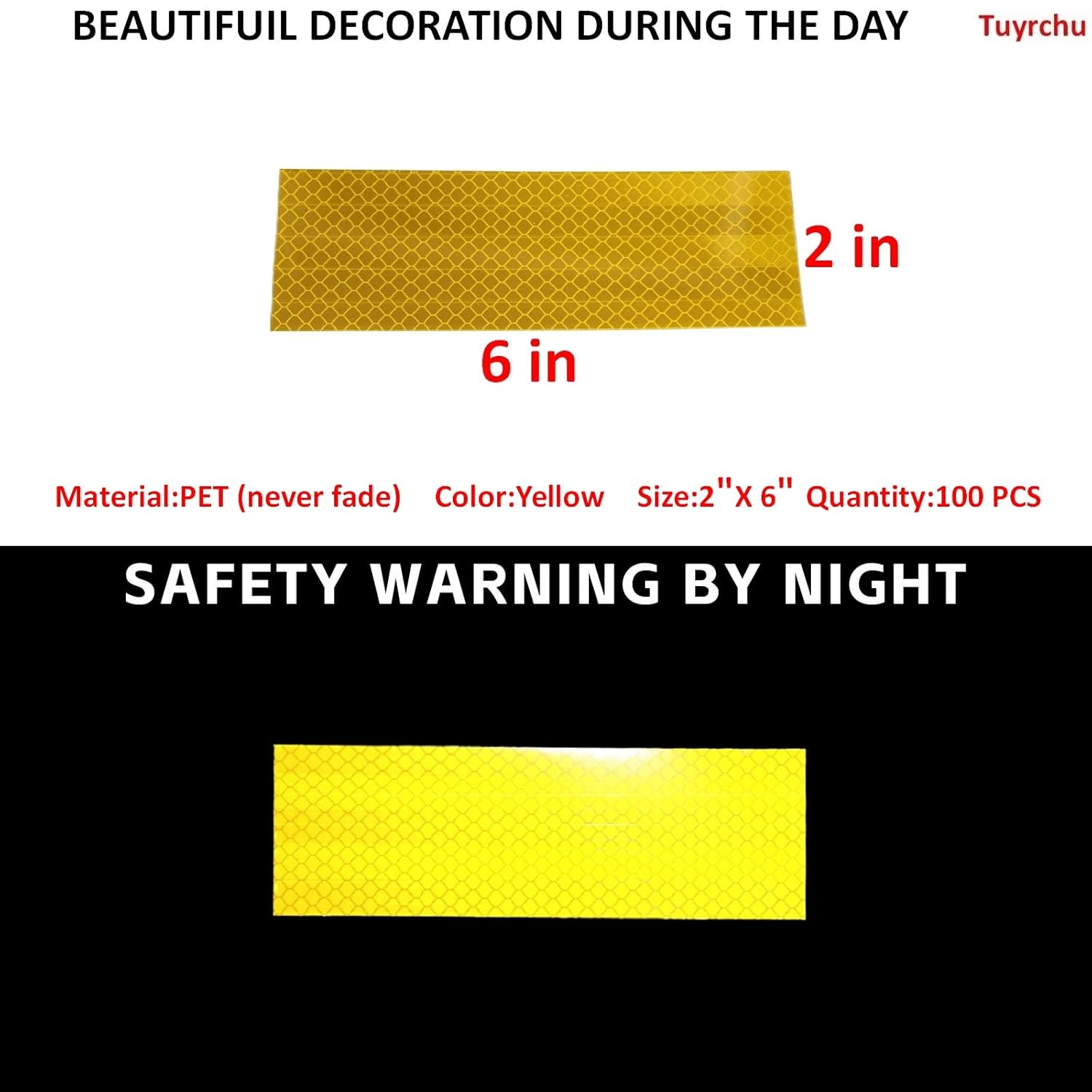 Non Fading Yellow Reflective Stickers 2 inch X 6 inch, Outdoor Waterproof High Visibility Warning Safety Adhesive Reflector Tape (100 Pcs)