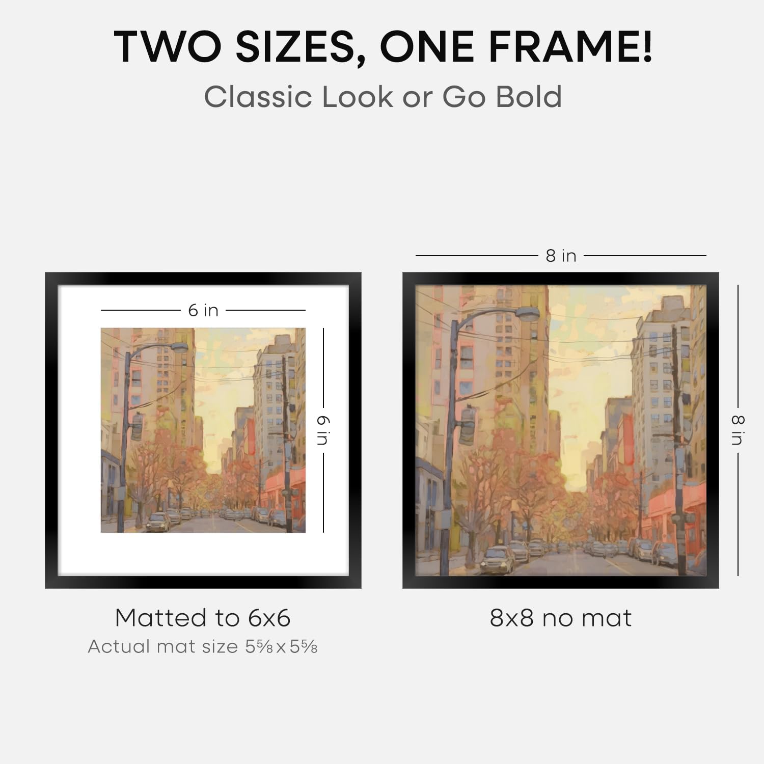 Homeforia 8x8 Black Picture Frame, High End Metal 8 x 8 Square Photo Frames with Mat 6 by 6, 8x8 Poster Frame Matted to 6x6 inch Print, 8by8 Wall or Tabletop Frames, Tempered Glass, Wall Kit, Set of 4