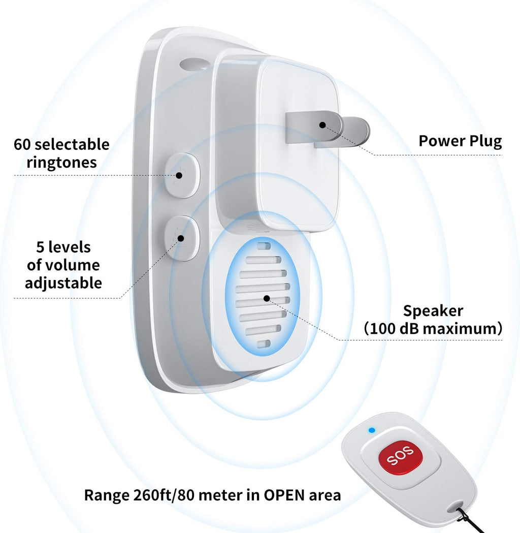 Caregiver Pagers Wireless Call Button for Elderly Patient Personal in Home Life Alert System for Seniors Range 260ft/80Menter,60 Ringtones (1SOS Button+1 Receiver)