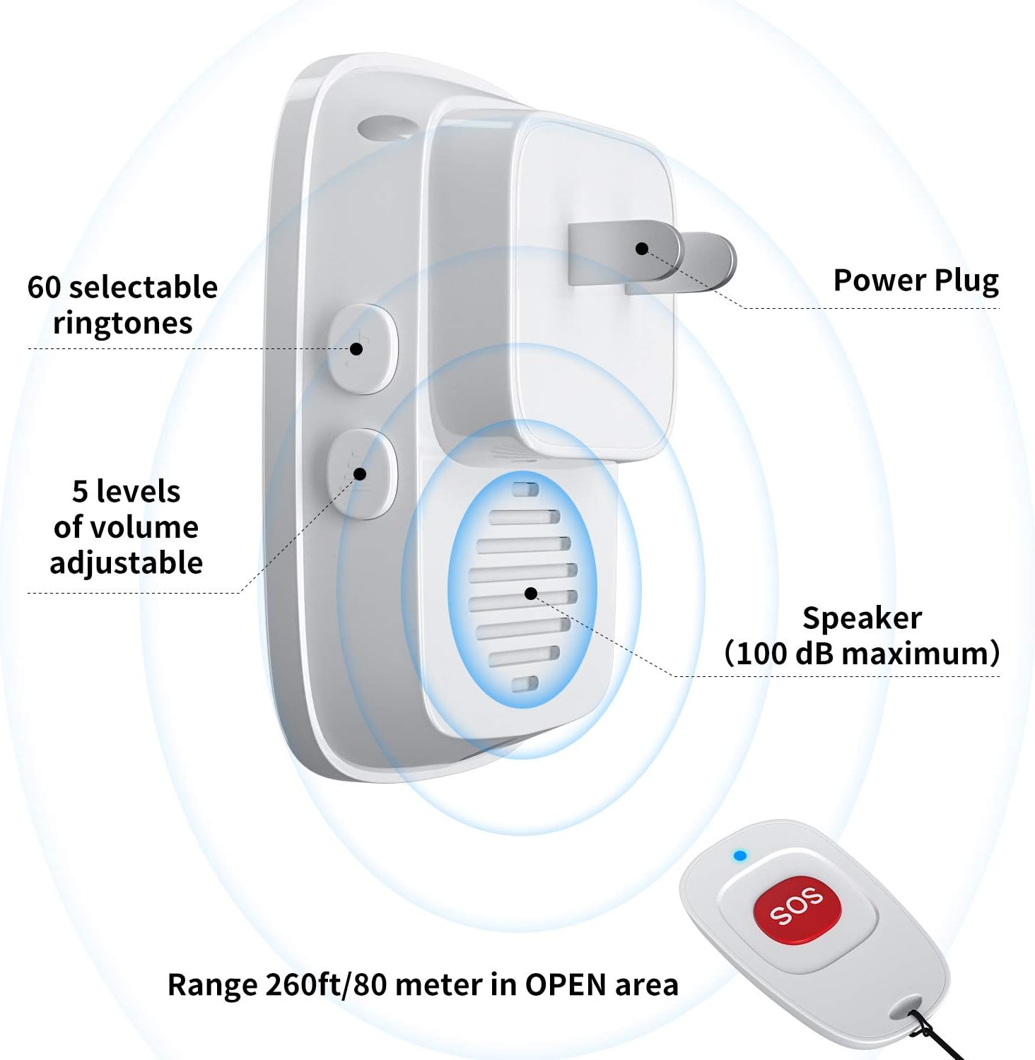 Caregiver Pagers Wireless Call Button for Elderly Patient Personal in Home Life Alert System for Seniors Range 260ft/80Menter,60 Ringtones (1SOS Button+1 Receiver)