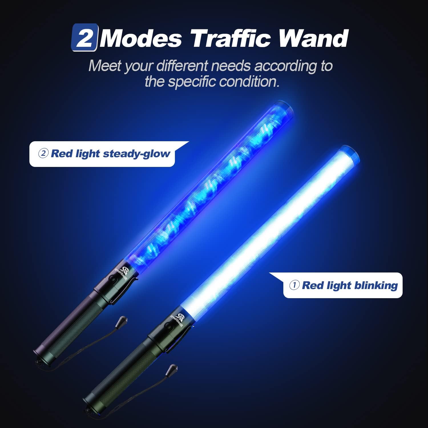 RoadHero 21 Inch Traffic Wands, Blue LED Traffic Control Baton with 2 Flashing Modes, Night Safety Light Wand with Side Clip for Parking Lot