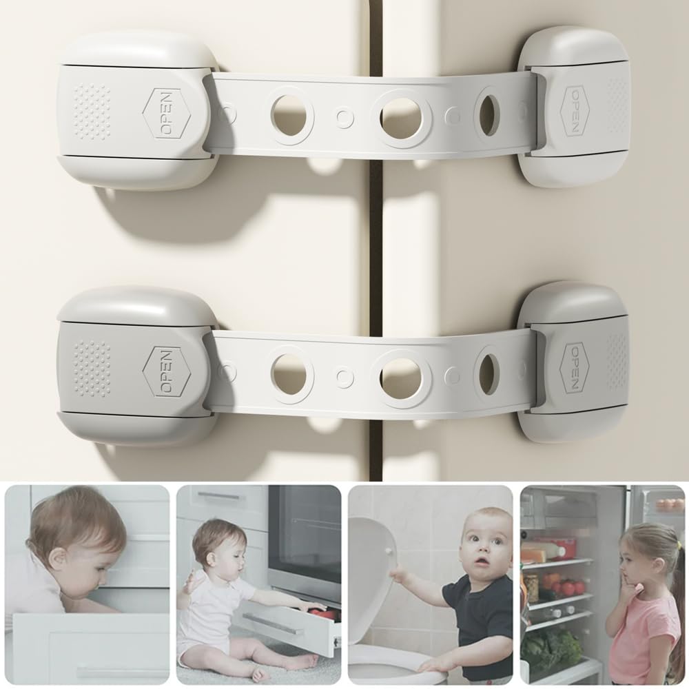 Child Safety Strap Locks (10 Pack) Baby Locks for Cabinets and Drawers, Toilet, Fridge & More. Adhesive Pads. Easy Installation, No Drilling Required, White/Gray (Gray, 10 pcs (Pack of 1))