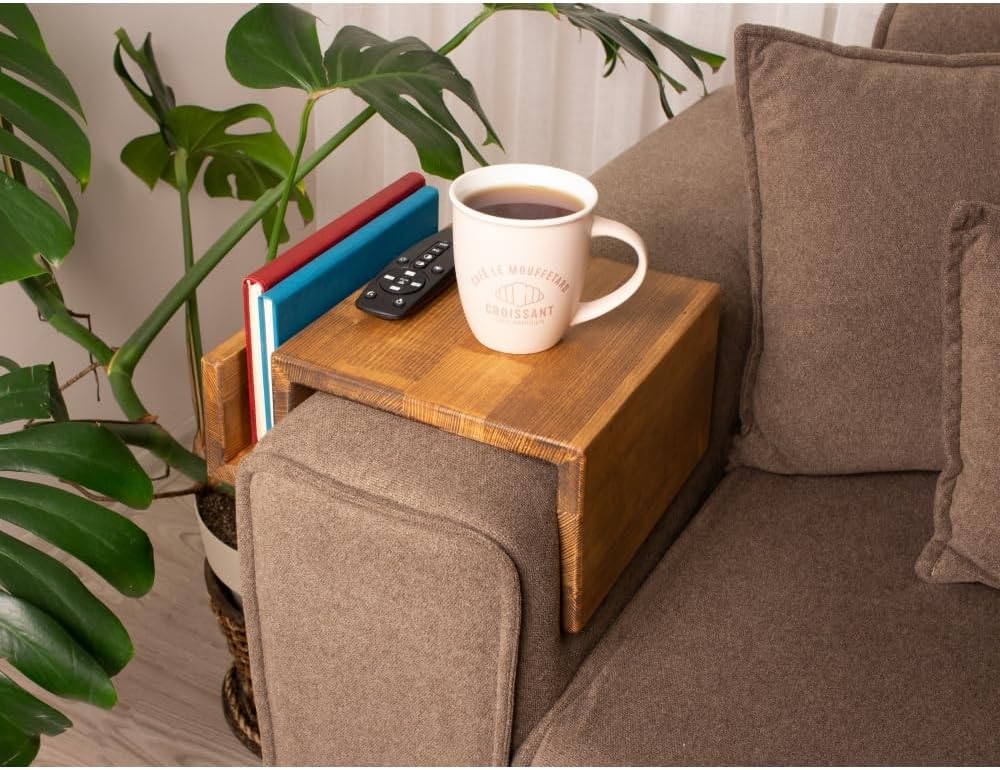 Wooden Couch Arm Tray – Sofa Armrest Table with Book & Magazine Holder, Perfect for Coffee & Remote Control, Solid Wood (Cape Town)