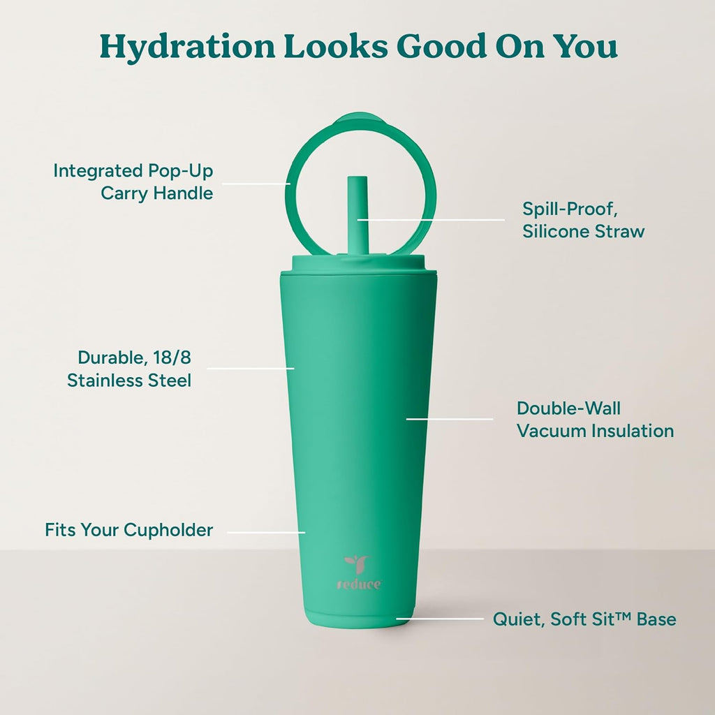 REDUCE Halo 32 oz Stainless Steel Vacuum Insulated Tumbler - Spill Proof Travel Mug with Flip Handle Lid - Keeps Drinks Cold for 32 Hrs - Dishwasher Safe - Cupholder Friendly - Palm Leaf