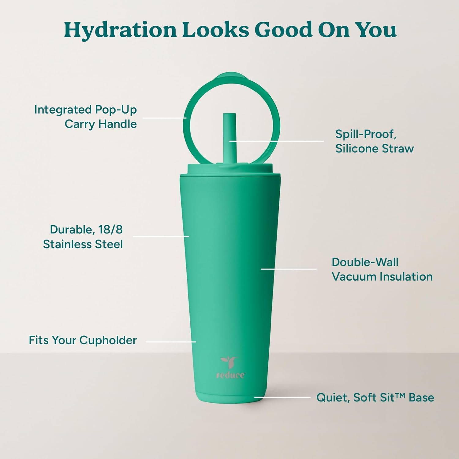 REDUCE Halo 32 oz Stainless Steel Vacuum Insulated Tumbler - Spill Proof Travel Mug with Flip Handle Lid - Keeps Drinks Cold for 32 Hrs - Dishwasher Safe - Cupholder Friendly - Palm Leaf