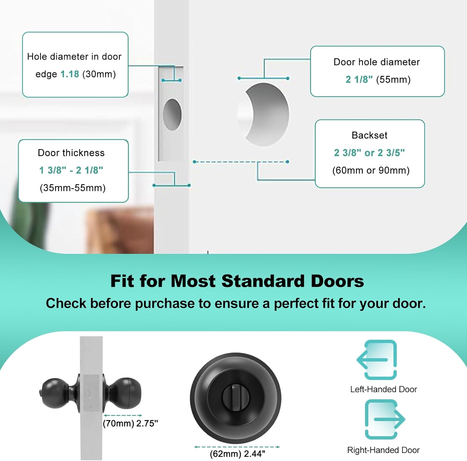 Fingerprint Door Lock, Smart Door Knob, Keyless Entry Door Lock with App Control, Thumbprint Door Knob with Extra Power Bank, Suitable for Home, Apartments, Office - Matte Black