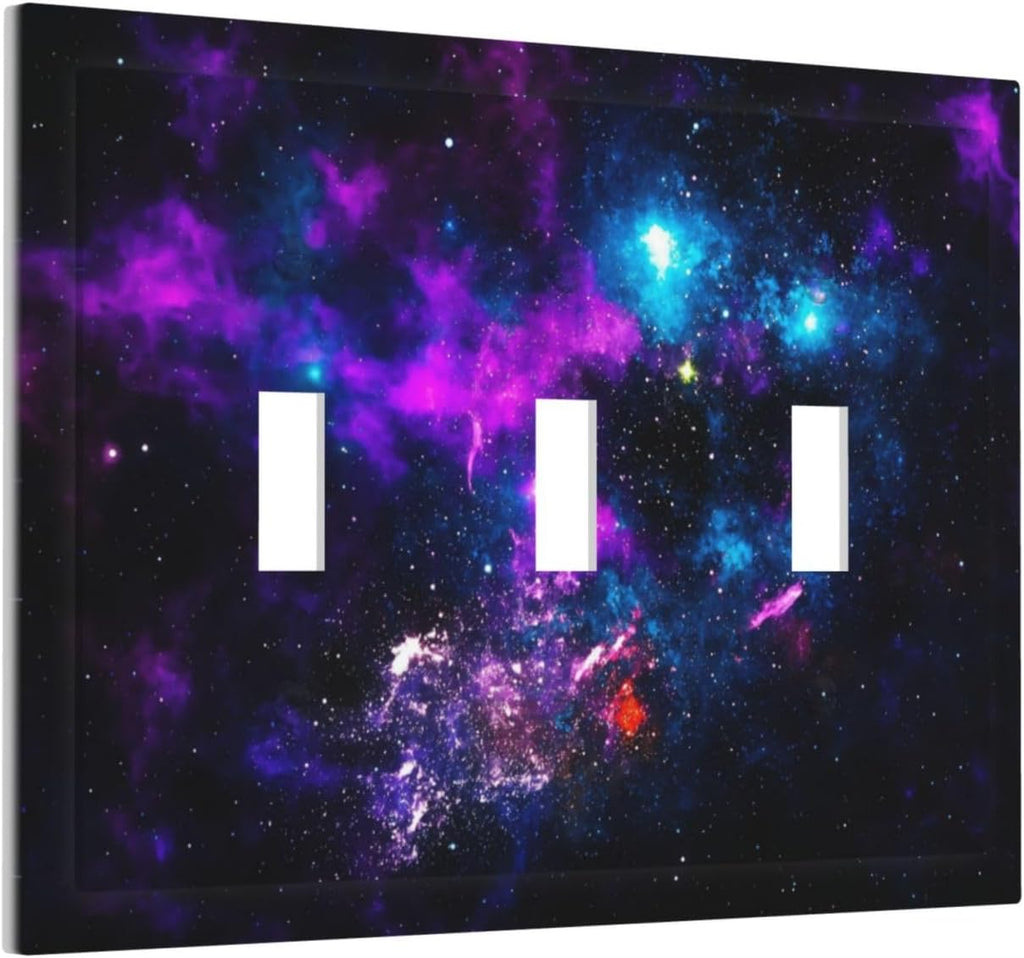 Outer Space Colorful Starry Sky Galaxy Planet Decorative Switch Plates 3 Gang Wall Plate Triple Toggle Light Switch Cover Faceplate Electrical Wall Panels for Bed Room Living Room Decor