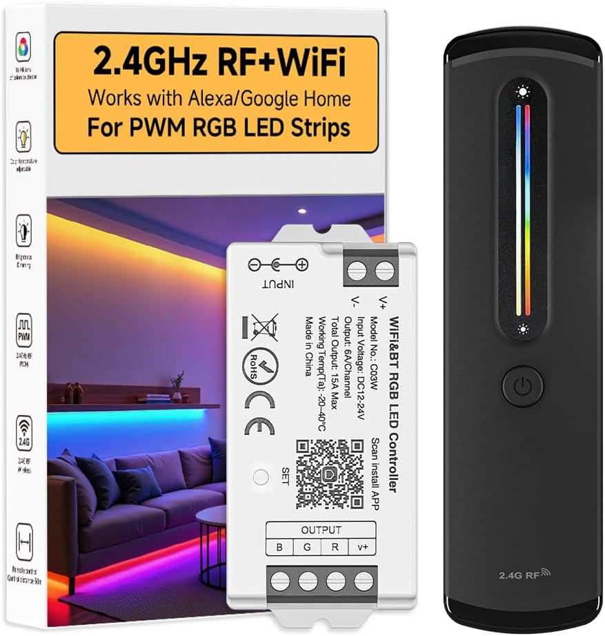 BTF-LIGHTING RF 2.4GHz Wireless Remote RC09RFB & C03W 2.4GHz Tuya WiFi Controller Kit Alexa Google Home Color Adjustment APP Control for RGB PWM 5050SMD FCOB (+ R G B) 4PIN LED Strip DC12V DC24V