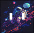 Decorative Light Switch Cover Purple Space Astronaut Planet 2 Gang Wall Plate Oversized Double Toggle Two Switch Wall Cover Dual Device Electrical Face Plate for Bedroom Home Decor