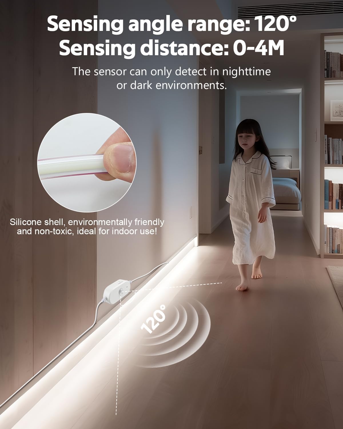 Motion Sensor COB LED Strip Light AC 110V 40FT Cold White 6000K Plug In Waterproof IP68 Adjustable Time-Delay Motion Activated Flexible Led Lights Strip for Under Cabinet Bedroom Courtyard 288LEDs/M
