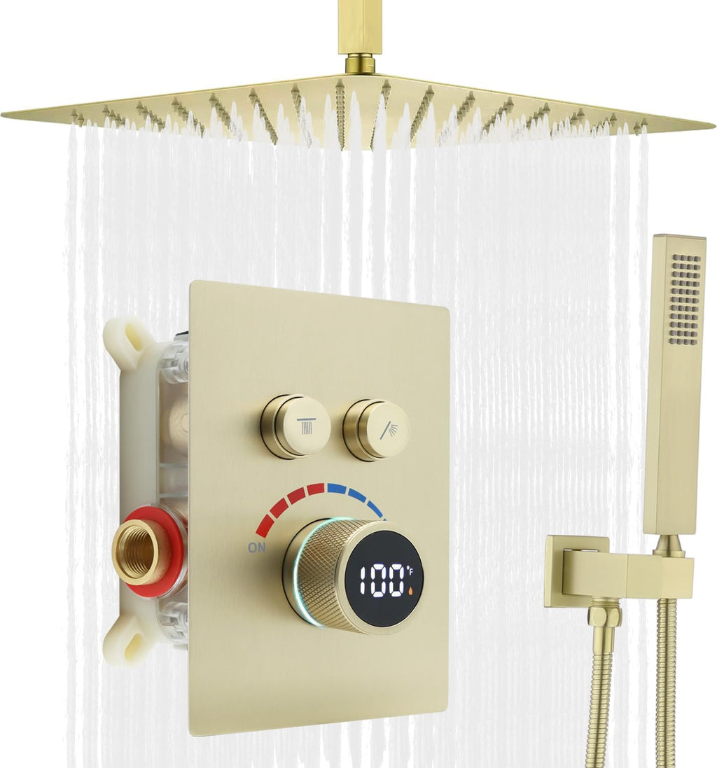 Digital Display Shower System Set 16 Inches Rain Fall Head Temperature Valve Shower Handheld Shower Head Sets for Bathroom Concealed Installation