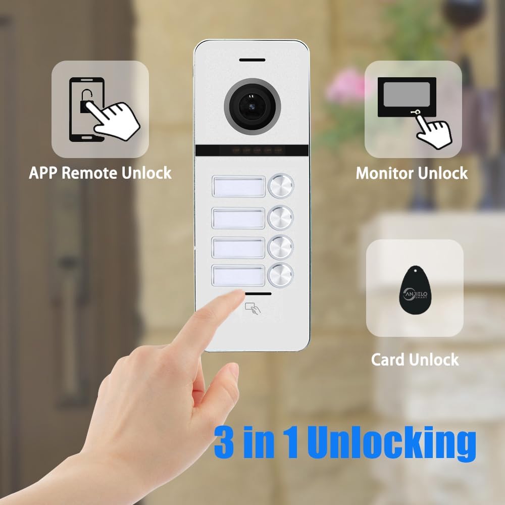 ANJIELO SMART Wired Video Doorbell Apartment Intercom System,4 Family Units 10 Inch Touch Monitor,3 in 1 Unlocking,Dual Way Intercom Motion Detection Tuya for Villa Home (1 Doorbell(w)+ 4 Monitor(s))