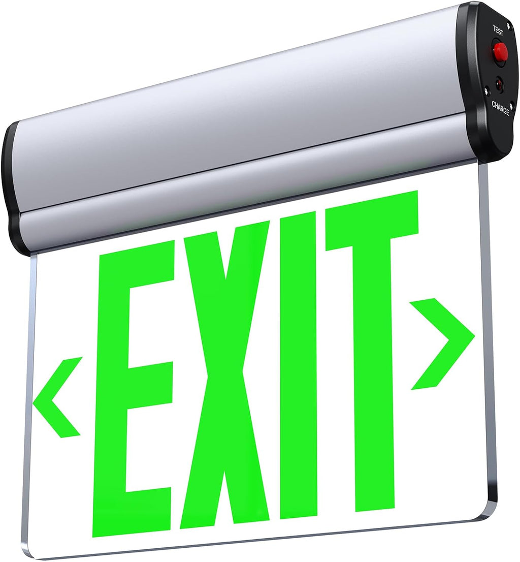 Led Edge-Lit Exit Sign ,Brushed Aluminum Housing Single-Sided Clear Rotating Acrylic Panel,Hardwired Emergency Exit Signs with Battery Backup, 120V-347VAC,Green Led Emergency Exit Light for Business , UL Listed,Top/Side/Wall Mount(1 Pack)