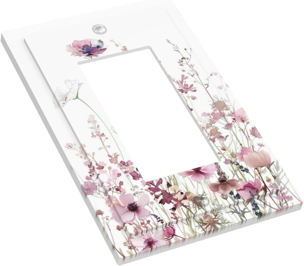 Floral Pink Watercolor Wildflowers Plant Flower Decorative Outlet Covers 1 Gang Single Rocker Light Switch Cover Plate Wall Plates GFCI Faceplate for Bedroom Living Room Decor