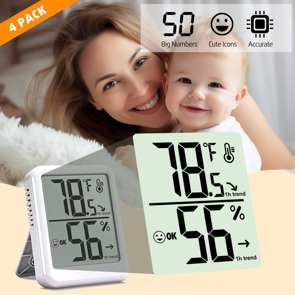 4-Pack Room Thermometer Indoor Hygrometer, Small Digital Temperature and Humidity Monitor Sensor, Temperature Humidity Gauge Meter for Home Baby Room, Plants, Pets - AAA Battery Included