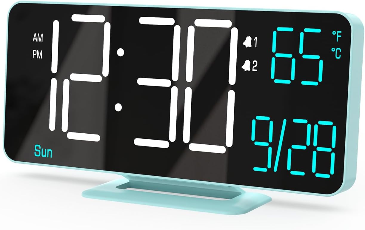KOSUMOSU Digital Alarm Clock, 6.7in Digital Clock for Bedroom, Auto Dimming, Room Temperature, Day of The Week, Seconds, Date, Desk Clocks for Living Room, Alarm Clocks for Bedrooms