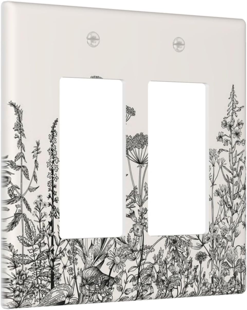 Decorative Outlet Covers Beige Skech Plant Leaves Flowers 2 Gang Wall Plate Double Rocker Two Switch Wall Cover Plate Light Switch Cover Plate Faceplate for Country Bedroom Home Decor