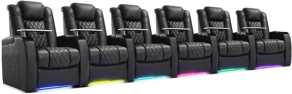 Weilianda Home Theater Seating Top Grain Leather Zero Gravity Recliner Chair Power Headrest Recline Movie Seat Gaming 7 Colors Mood Light Sofa with Tray Table USB Charge Row of 6 Black