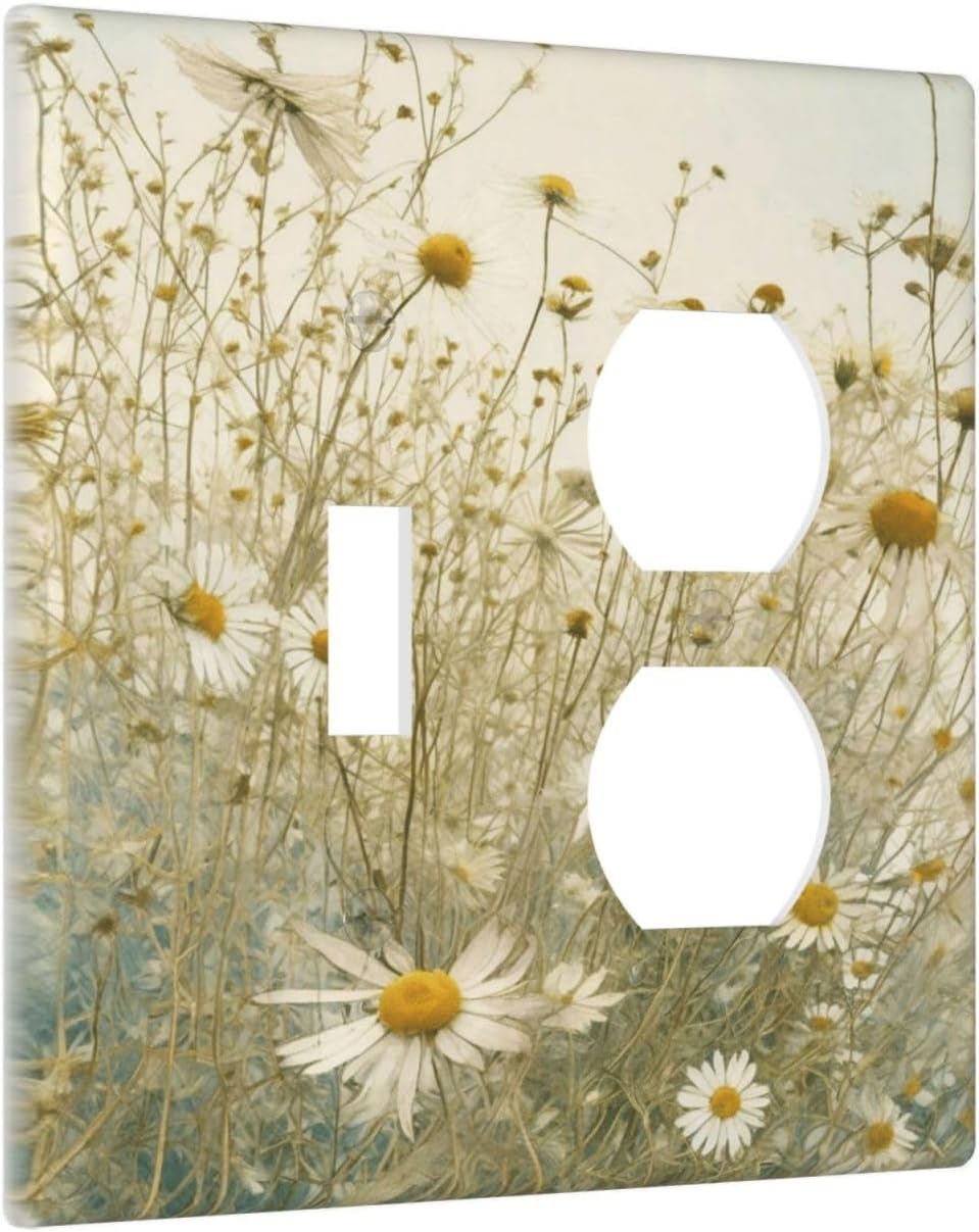 White Wildflowers Daisy Vintage Floral Wallplates 1 Toggle 1 Duplex Switch Plate Electrical GFCI Faceplate Decorative Light Switch Covers for Bed Room Living Room Decor