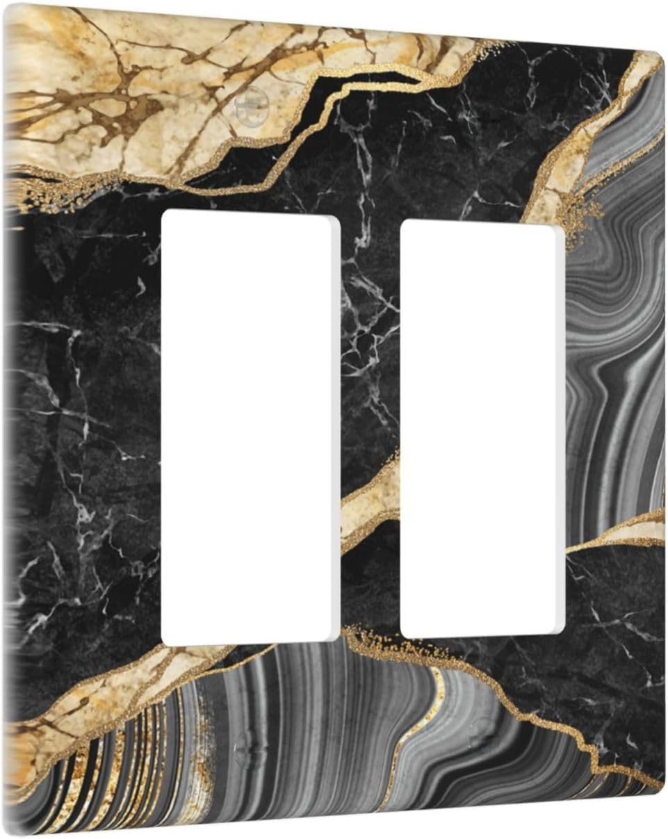 Decorative Outlet Covers Modern Abstract Black Gold Marble 2 Gang Light Switch Cover Plate Double Rocker Wall Plate Switch Plate Covers Faceplate for Bathroom Kitchen Decor （2 Pack）