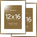 Homeforia 12x16 Picture Frame Bronze, High End Metal 12x16 Brass Poster Frames with Mat 9x12 Photo, 12 x 16 Bronze Frame Matted to 9 by 12 Print, 16by12 Thin Frames, Tempered Glass, Wall Kit, Set of 2
