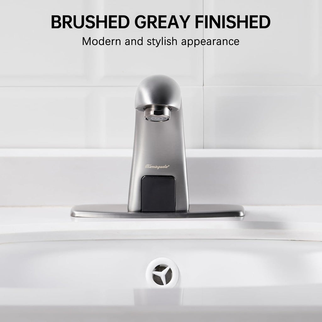 Charmingwater Touchless Bathroom Sink Faucet, Motion Automatic Sensor Faucet with Hole Cover Plate, Brushed Grey