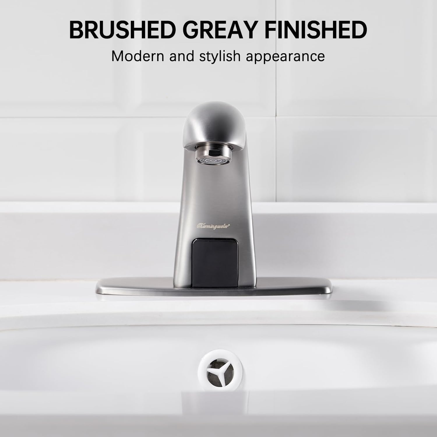 Charmingwater Touchless Bathroom Sink Faucet, Motion Automatic Sensor Faucet with Hole Cover Plate, Brushed Grey