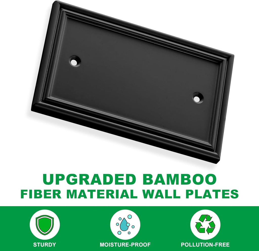 Black Modern Decorative Wall Plate Light Switch Cover Decorator Outlet Covers Rocker Switch Plates Bamboo Fiber Material Wall Plates for Kitchen Bathroom (1 Gang Single Blank-4 Pack)