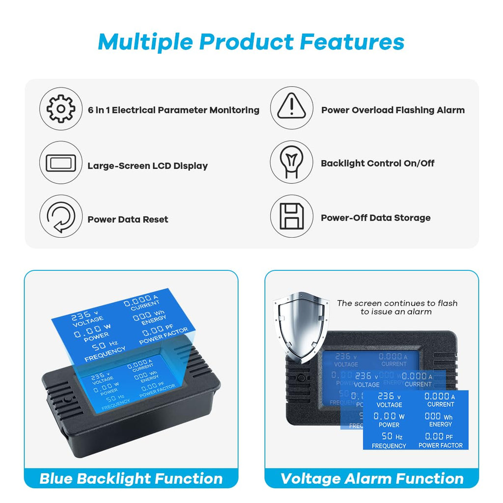 AC 80-260V 100A Multi-Function Power Monitor LCD Digital Display Voltage Current Frequency Power Factor Energy Meter Ammeter Voltmeter with Split Core Current Transformer