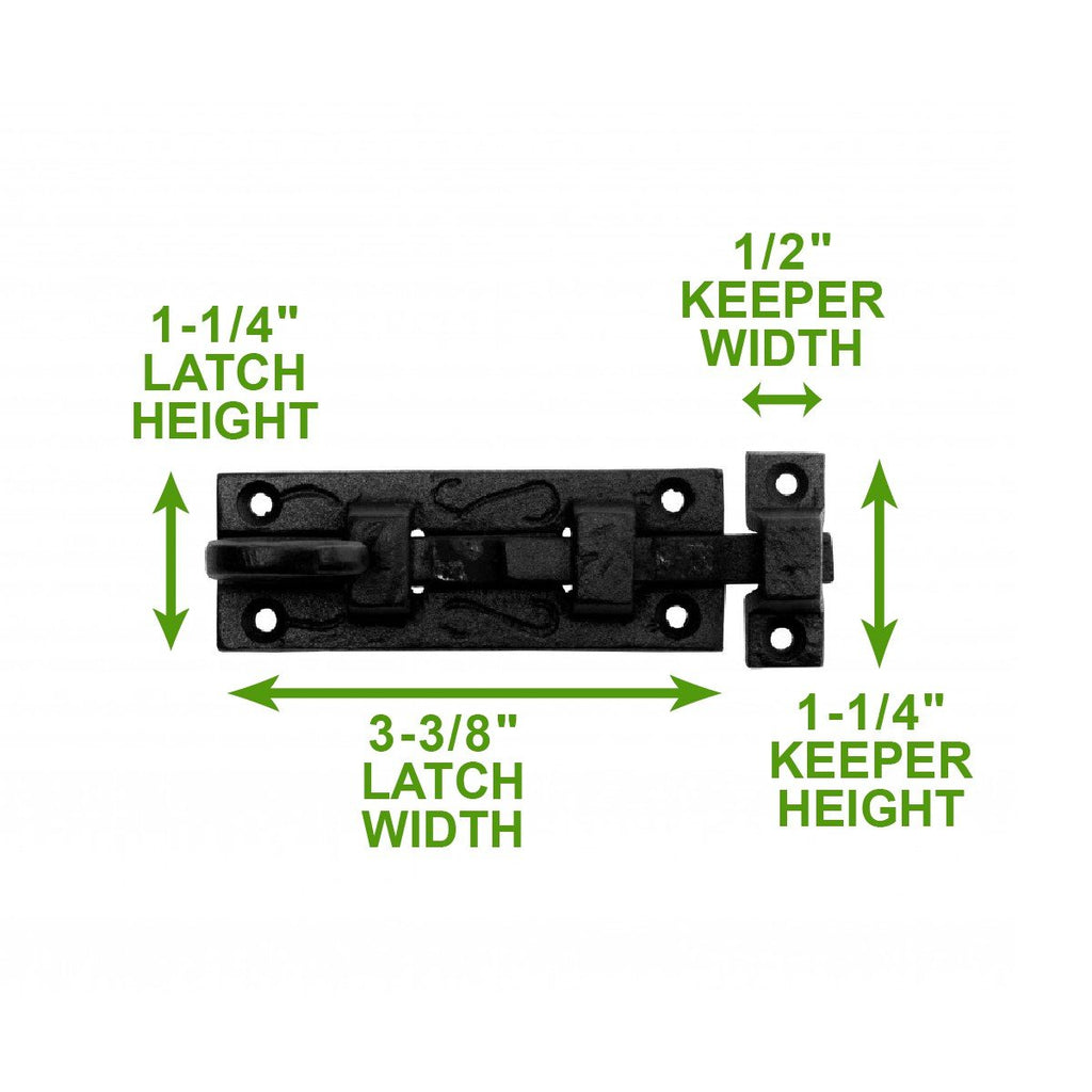Renovators Supply Manufacturing Door Lock Latch 3.8 in. Black Wrought Iron Pig Tail Tip Styled Slide Bolt Latch with Mounting Hardware