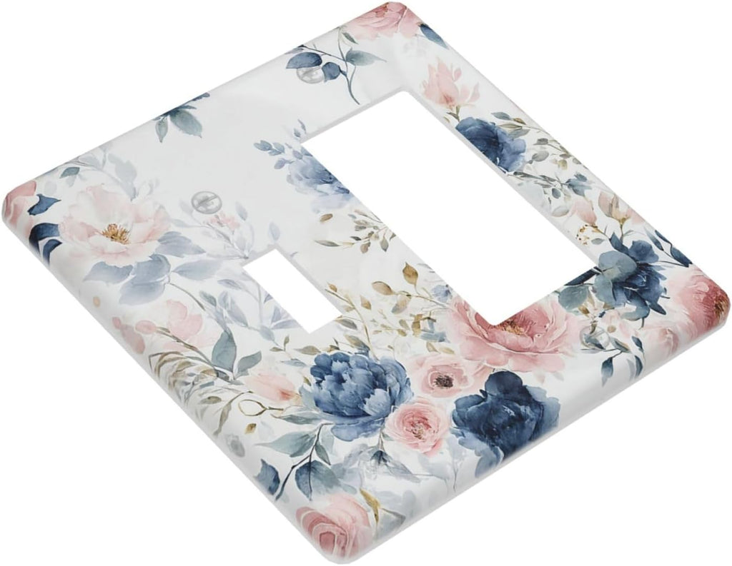 Elegant Watercolor Pink Blue Flowers Floral 2 Gang Combo 1 Toggle 1 Rcoker Light Switch Covers Decorative Switch Plates Electrical Switch Plates and Outlet Covers for Home Art Decor 4.5 X 4.5 IN
