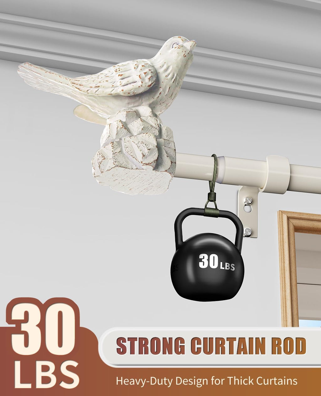 White Curtain Rod 18 to 45 Inches Curtain Rods for Windows Adjustable Heavy Duty Drapery Rod with Bird Finials for Kitchen Window Living Room