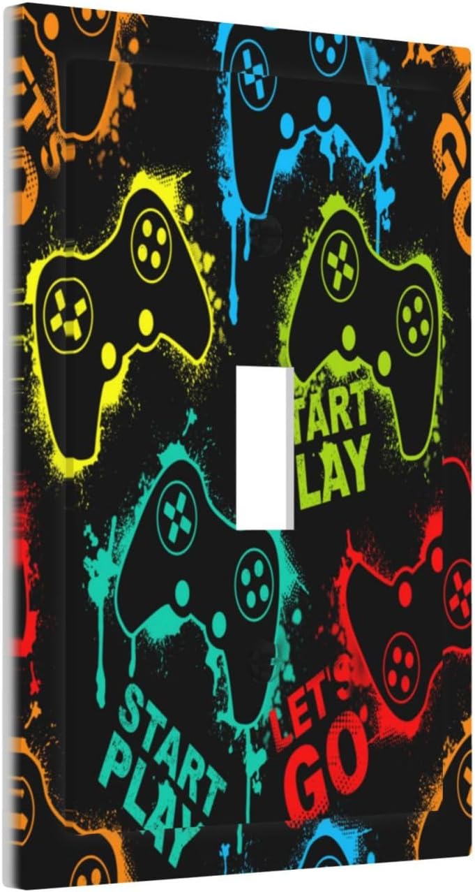 Decorative Light Switch Plate Covers Gamepad Theme Graffiti 1 Gang Light Switch Cover Plate Single Toggle Wall Plate Outlet Covers Faceplate for Game Room Bedroom Decor （2 Pack）