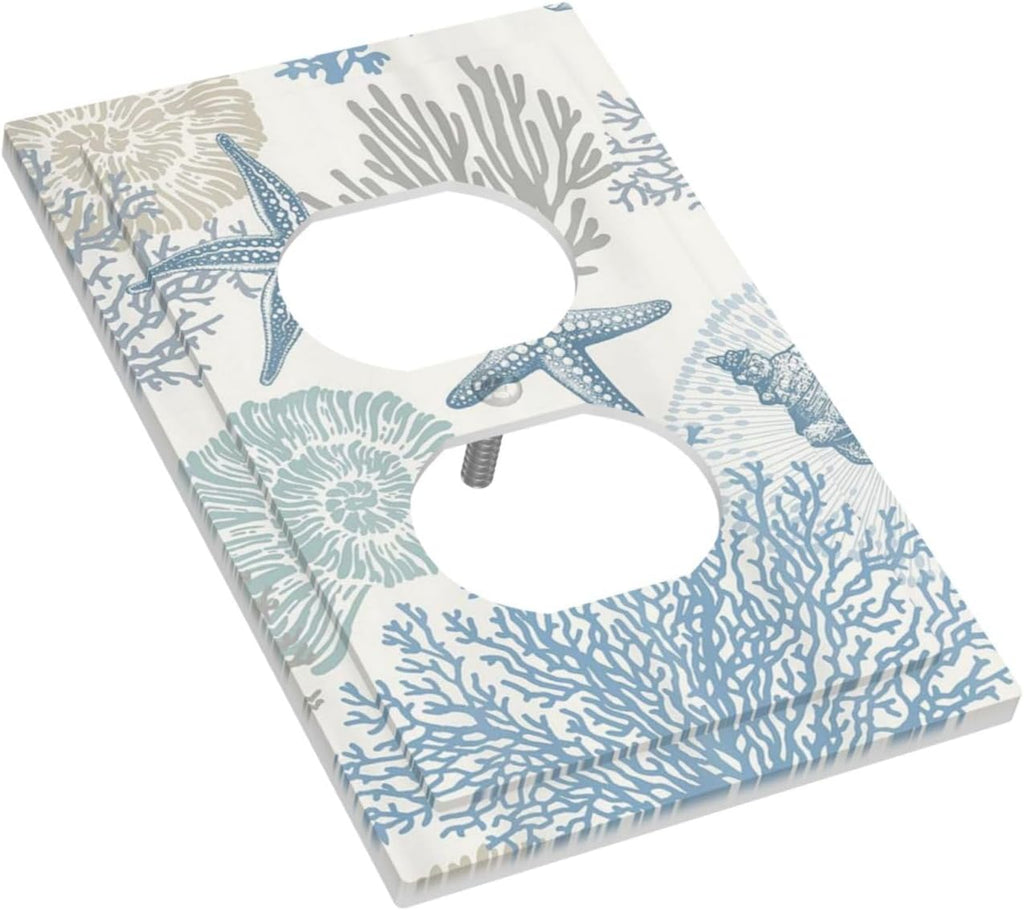 Decorative Outlet Covers Blue Starfish Coral Seaweed 1 Gang Duplex Light Switch Cover Plate Unique Wall Plate Electrical Switch Plate Covers for Bathroom Bedroom Decor（2 Pack）