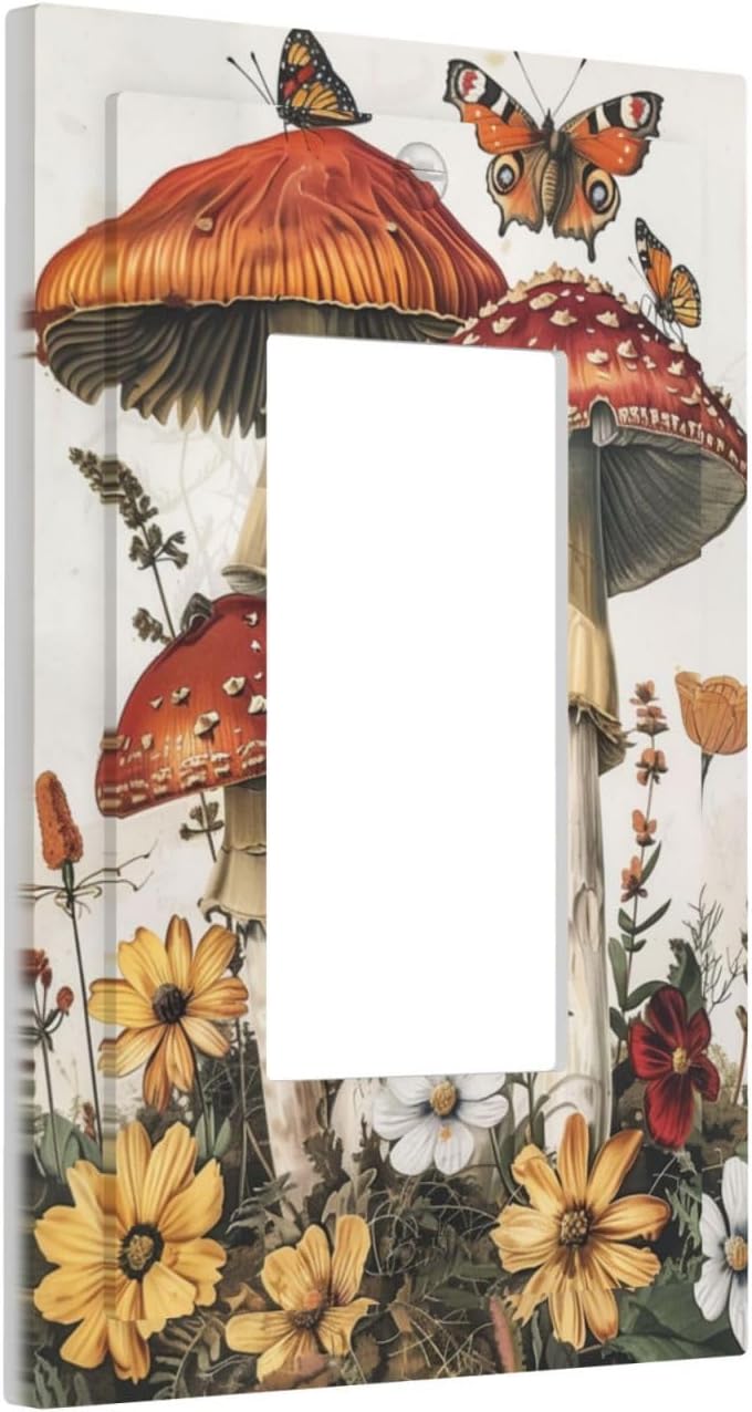 Decorative Outlet Covers Mushroom Forest Butterfly Wild Flower 1 Gang Single Rocker Light Switch Cover Plate Wall Plates Gfci Faceplate For Bed Room Living Room Decor