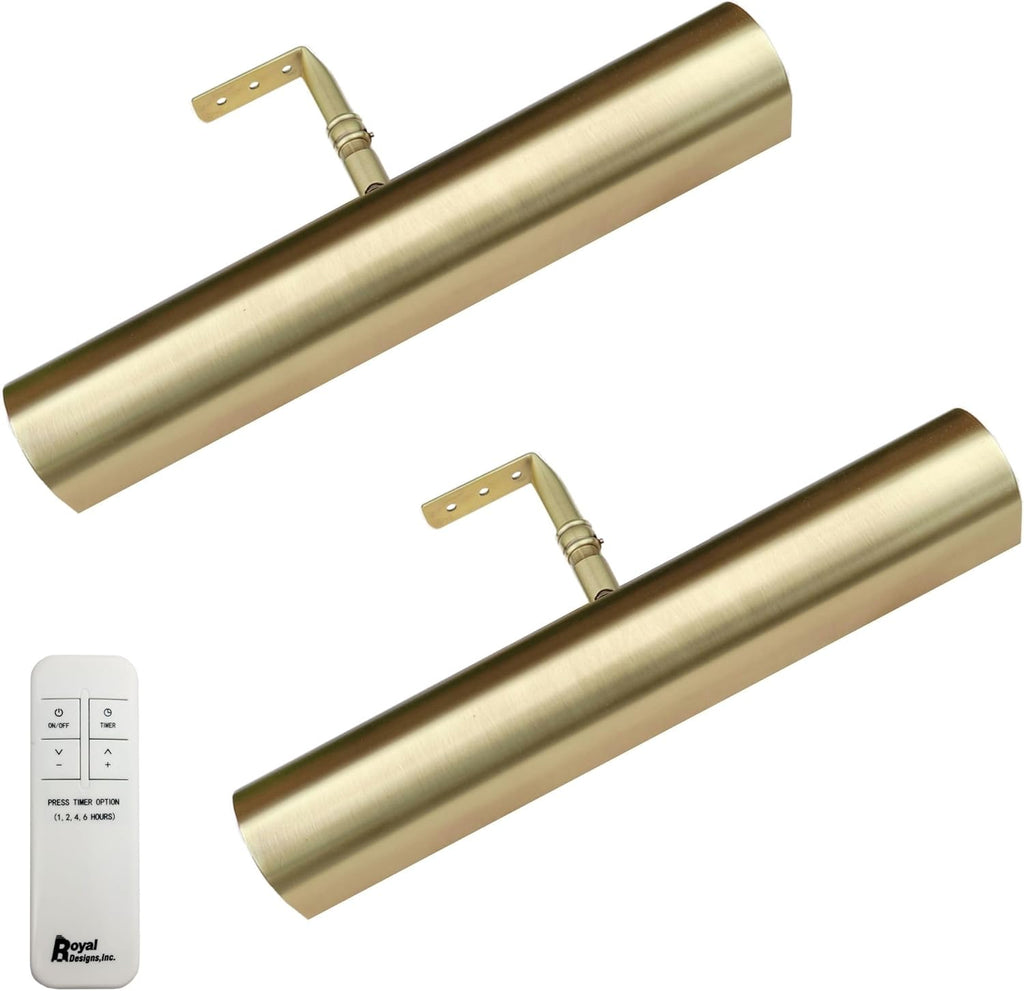 Royal Designs, Inc. Cordless Remote Control LED Picture Light, Dimmable with Timer Function, Brushed Satin Brass, 14.75 Inches, 2 Pack