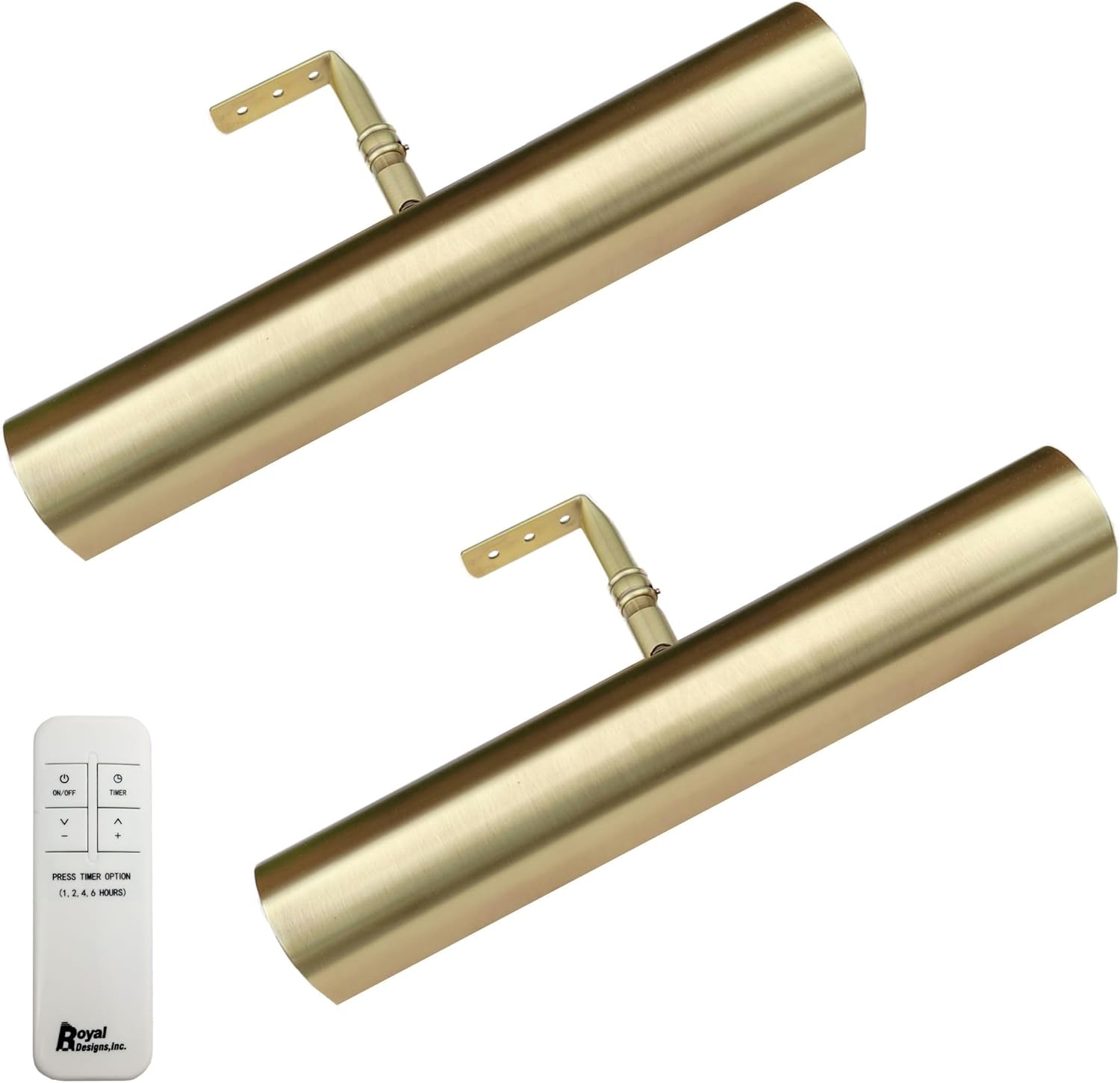 Royal Designs, Inc. Cordless Remote Control LED Picture Light, Dimmable with Timer Function, Brushed Satin Brass, 14.75 Inches, 2 Pack