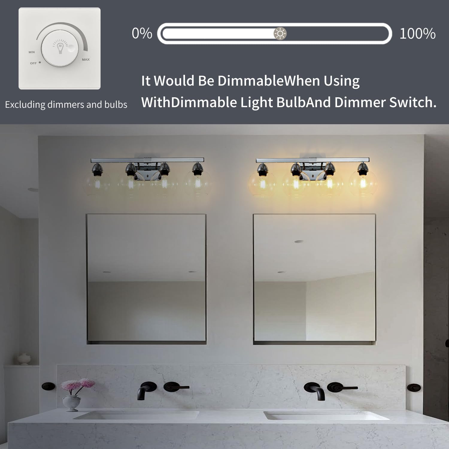4-Light Bathroom Vanity Light, Silver Wall Sconce with Premium Hand-Crafted Glass, Shatter-Resistant & Enhanced Clarity, Perfect for Mirror, Living Room, Hallway
