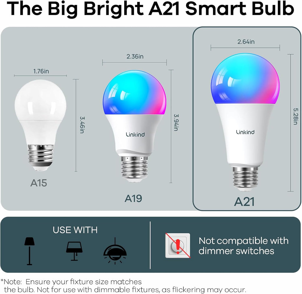 Linkind Smart Light Bulbs, 1600LM (100W Equivalent) Smart Bulb, Compatible with Alexa, RGBTW Color Changing Bulb Music Sync, 2.4GHz Wi-Fi & Bluetooth, LED Alexa Light Bulbs 14W, A21 E26, 6Pack