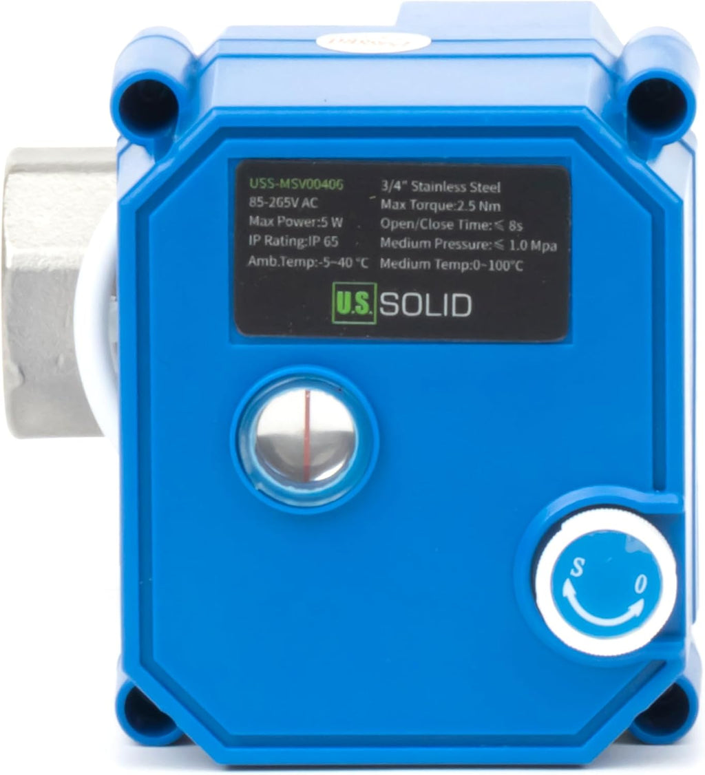 U.S. Solid Motorized Ball Valve with Manual Function - 3/4" Stainless Steel, Full Port, 85-265V AC, 2-wire Automatic Return, Normally Closed