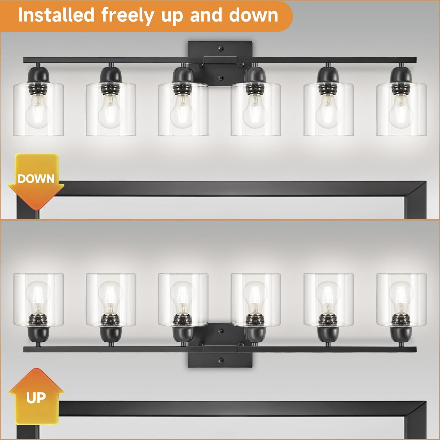 Bath Vanity Lights For Mirror, Restroom Lights Fixtures With Milky White Frosted Glass Shades,Bathroom Over Sink Light Fixtures, Bathroom Light Fixtures Over Mirror (Black with clear glass, 6-Light)