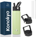 22oz Stainless Steel Bottles with 3 Lids Sport Insulated Water Bottle,Macaron Green