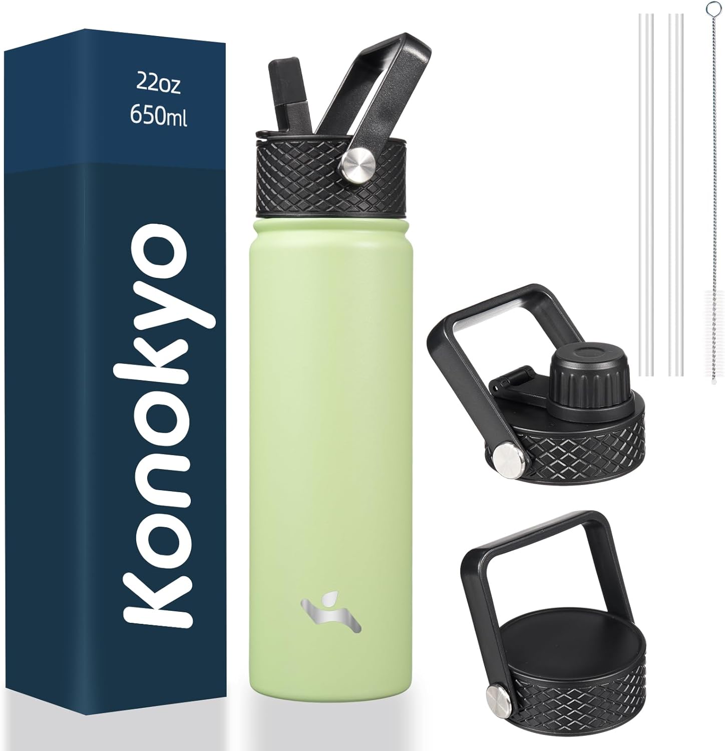 22oz Stainless Steel Bottles with 3 Lids Sport Insulated Water Bottle,Macaron Green