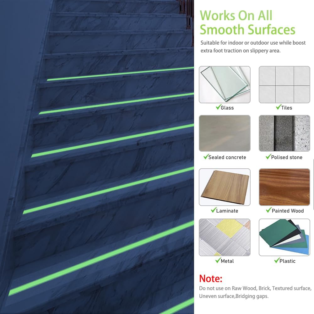 Anti Slip Tape, Clear Glow in The Dark Traction Grip Tape, 2 Inch x 32.8ft Waterproof Indoor/Outdoor, Non Slip Stair Treads Safety Tape (Clear with a line of Glow, 2" Width)