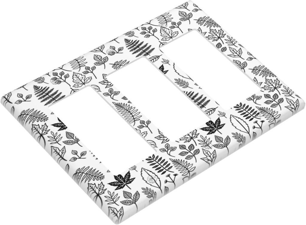 Black White Leaf Wheat Maple Leaf Plant Light Switch Covers 3 Gang Rocker Decorative Triple Outlet Wall Plate Cover Electrical GFCI Switchplate for Bedroom Bathroom Decor