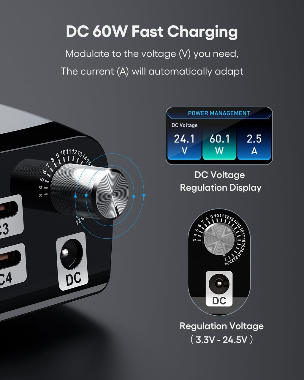 WOTOBEUS Charging Station (252W), 7-Ports (4 USB-C, 2 USB-A, 1 DC), Power Adapter with DC Power Supply Adjustable 3.3V~24.5V (0~60W) Converter and LED Display, for iPhone Laptops Monitor Electronics